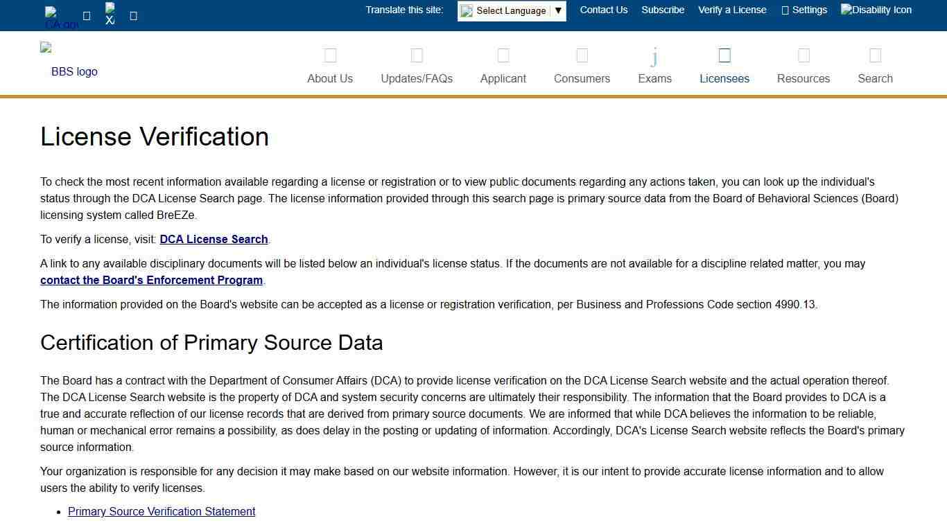 License Verification - Board of Behavioral Sciences